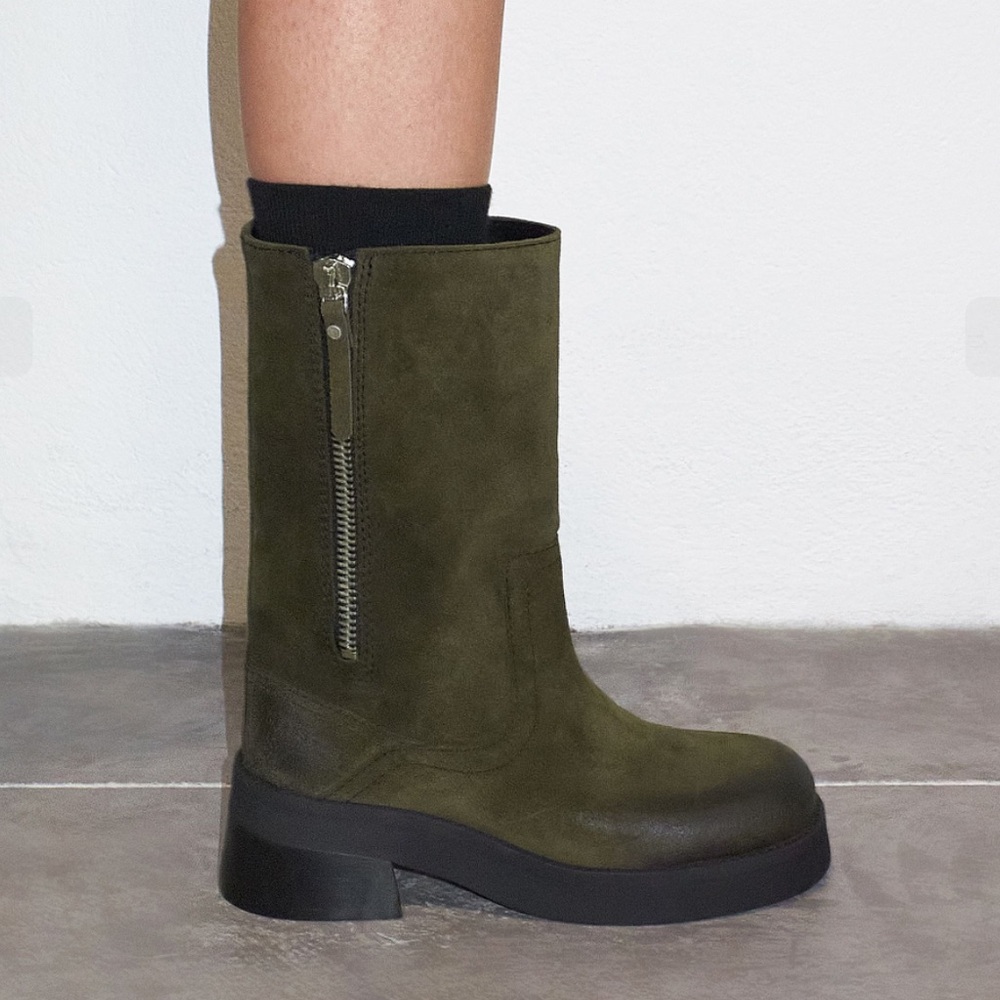 Miista Gunda Dark Green Suede Heeled Boots in box - Picture 2 of 9